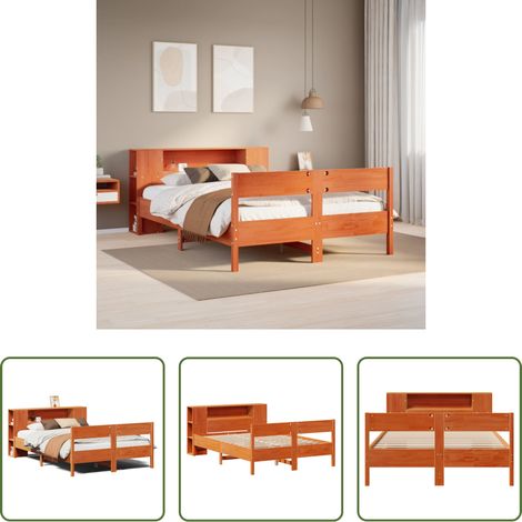 vidaXL Bett mit Regal - Massivholzbett mit Regal ohne Matratze Wachsbraun 140x190 cm (1/5)