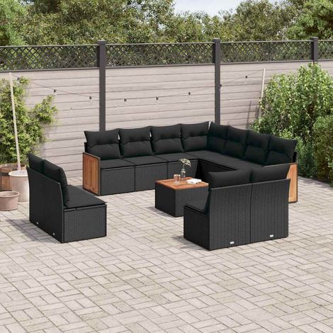 Salon de jardin modulable 12 pièces en résine tressée noire avec coussins et table en bois d'acacia pour terrasse et patio (1/5)