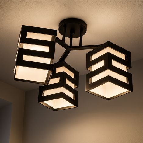 Lustre Vanja avec Abat Jour Carre 3XDouille E27 Blanc Noir (1/4)
