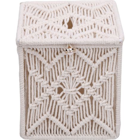 Housse Mouchoirs Déco Bohème Carré – Porte Tissus Macramé Tissé Serviettes Papier Organisateur Chambre Salon, Ivoire (1/5)