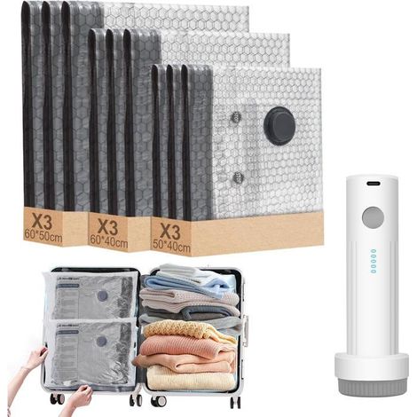Lot de 9 sacs sous vide avec pompe sans fil – 3 tailles – Pour vêtements, couettes – Réutilisables (1/5)