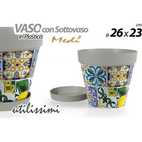 Kaela - Vaso Con Sottovaso Giardino In Plastica Decoro Medì 26x23 Cm Piante Fiori 845413 - (1/2)