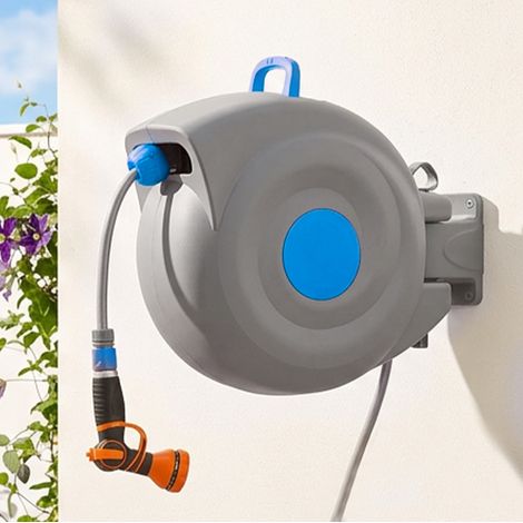 Dévidoir mural automatique 30 m en PVC bleu, pivotant 180° avec rangement pour jardin FloraGrace (1/5)