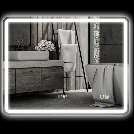 Miroir LED de salle de bain 90x70 cm en verre argenté, anti-buée, moderne FloraGrace (1/5)