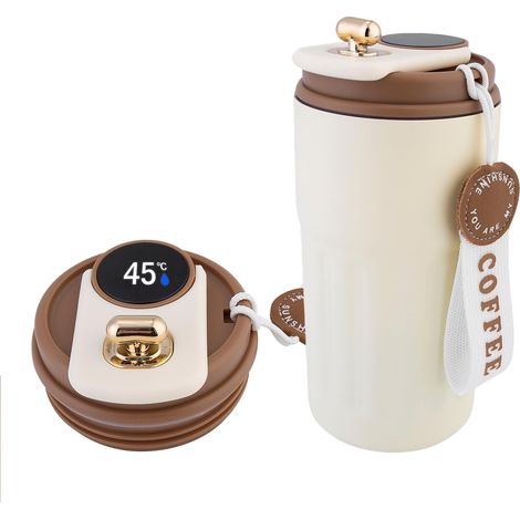 Tragbarer Kaffeebecher, Edelstahl-Kaffeebecher mit Temperaturanzeige, intelligenter isolierter Kaffeebecher mit Deckel, isolierter Sommer-Servierwagen (weiß und braun).