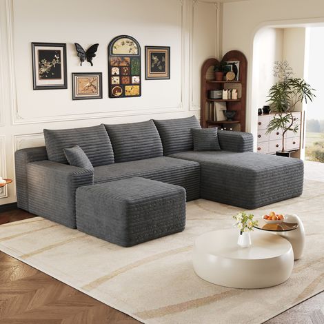 Divano angolare modulare 241x151x58 cm, senza montaggio, tessuto corduroy morbido, grigio scuro (1/5)