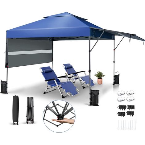 GOPLUS Tonnelle de Jardin 3x3m avec Auvent étendu, Tonnelle d’Extérieur Pliable avec 4 Poteaux, Tente de Jardin Hauteur d’Intérieur Réglable sur 3 Positions, pour Plage, Balcon et Terrasse(Bleu) (1/5)