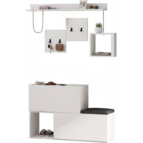 Mueble de Entrada Lariana, 8 Pares, 2 Estantes, Perchero, 120x17x76h cm Blanco