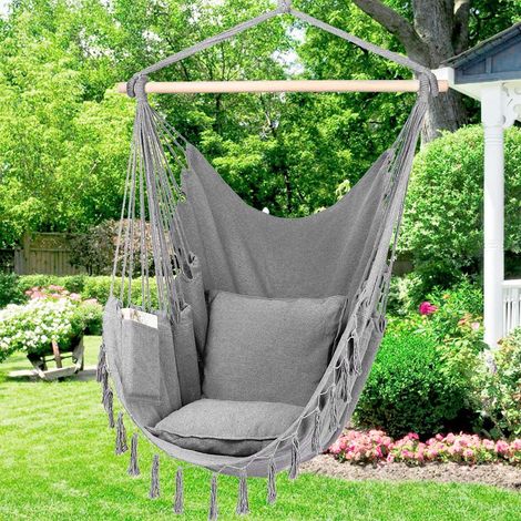 Chaise Hamac Suspendue Canvas avec Franges et 2 Coussin pour Camping Balcon Dormitory Décoration Maison Gris (1/4)