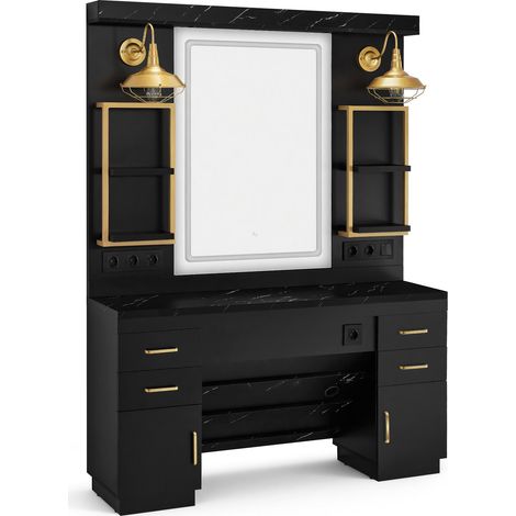 BarberPub Friseurplatz mit 4 Schubladen, Schminktisch mit Spiegel, Bedienungsplatz mit 4 Ablagen & 2 Schränken, Spiegelschrank mit Beleuchtung, 3187 (Schwarz-Gold)
