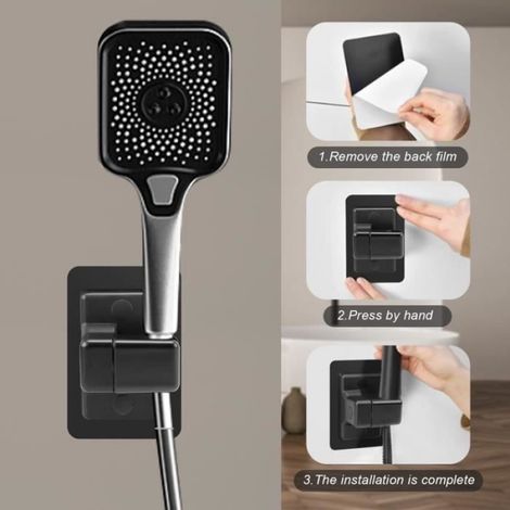 Support Pommeau de Douche - Sans Percage - Noir - Angle Réglable à 360° - ABS - Finition Mat (1/4)