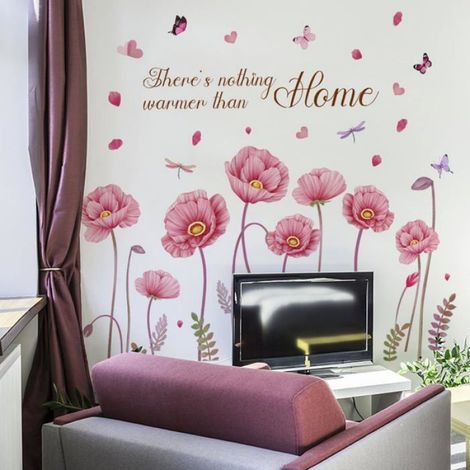 Stickers Muraux Fleur Rose, Autocollants Muraux Papillons Libellules, Décoration Murale pour Chambre Salon Salle de Bain Cuisine (1/4)