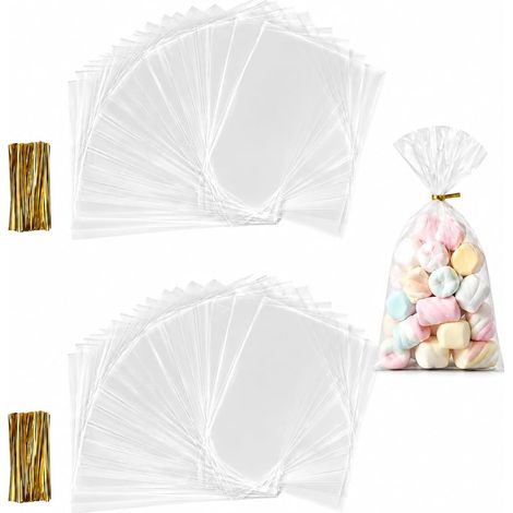 200 Sachet Bonbon 15 x 25 cm avec Liens de Fermeture, Sachet Alimentaire Transparent et Sachet Transparent pour Biscuits, Idéal pour Bonbons, Snacks et Projets DIY (1/5)