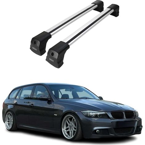 OMAC Dachträger Querträger kompatibel mit BMW 3er E90 E91 Stufenheck Touring 2004-2012 – 2 Stangen – Abschließbar – Aluminium Silber (1/5)