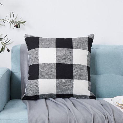MINKUROW Set Di 2 Fodere Per Cuscini Scozzesi Federe Decorative In Poliestere Resistente Alle Rughe Traspiranti Per Cuscini Decorativi Da 18" X 18" - Bianco E Nero (1/5)