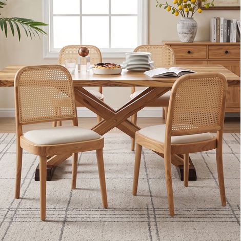 2 sedie da pranzo in legno con schienale in rattan e seduta in lino, stile moderno, colore legno (1/5)