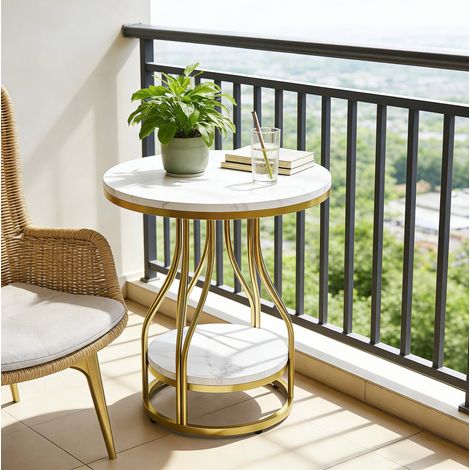 Table d’appoint ronde 50x50x60 cm blanc et doré en marbre, métal et bois avec double niveau (1/5)