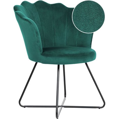 Armless Chair Green Velvet Upholstery Shell Back Vintage Classic Design Black Metal Frame LOVELOCK