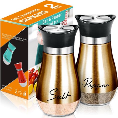 Ensemble de salière et poivrière, salière et poivrière de 120 ml à fond en verre avec couvercle en acier inoxydable, idéales pour la cuisine, la table de cuisson, le camping-car et le camping. (1/5)