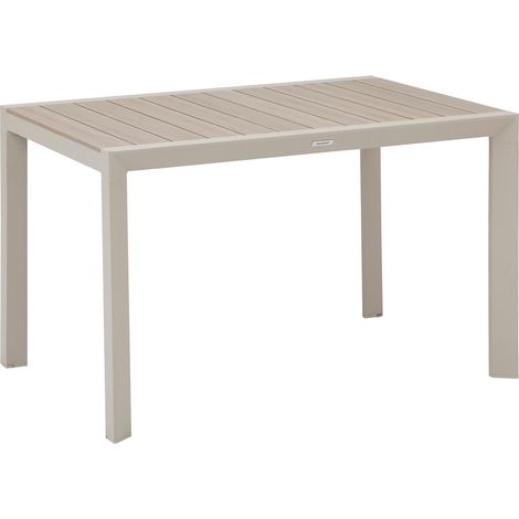 Hesperide – Table extensible 4 places en aluminium effet bois lin et argile – Plateau à lattes moderne – Résistante aux intempéries