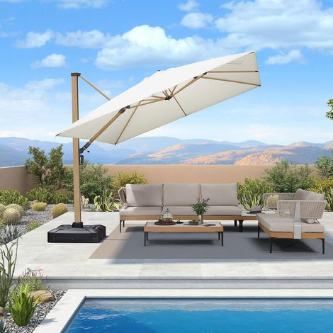 PURPLE LEAF Parasol Déporté Extérieur 3 x 3 M Carré avec Apparence Teck, Grand Parasol en Aluminium pour Terrasse, Adapté pour Jardin, Piscine, Couleur Crème