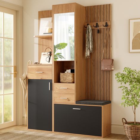 Mueble de recibidor - 120x32x178 cm - perchero de entrada con zapatero espejo banco y luces led app - mdf - negro y natural (1/5)