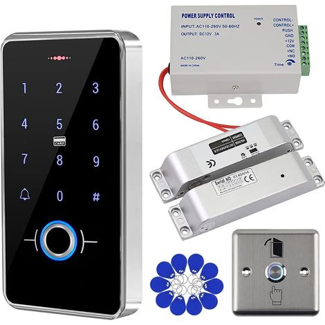 Kit de système de contrôle d'accès de porte Clavier étanche à empreinte digitale IP68, Serrure à verrou électronique, Alimentation 12V 3A, Bouton de commutation, 10pcs IC 13.56MHz Keychains (1/5)