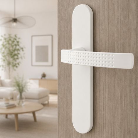 Ouvre&Déco – 2 poignées de porte IBIZA sans trou, Aluminium blanc mat entraxe 195 mm, design texturé rotation 360