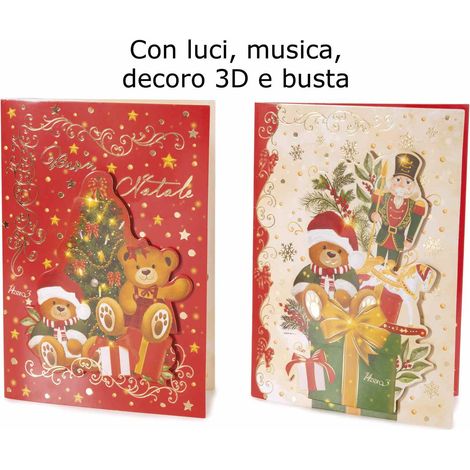 Biglietti di auguri di Natale con musica luci e busta e decoro 3D con stampa natalizia vintage orsetti, set da 24 pezzi, cm 14,5 x 20 H