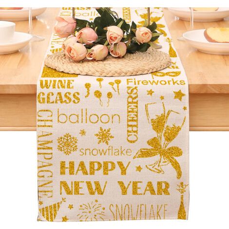 Chemin de table « Bonne année », nappe noire et or à pois et étoiles, décoration pour la maison et la cuisine, ambiance champêtre, linge de table en toile de jute pour les fêtes d'hiver 2026