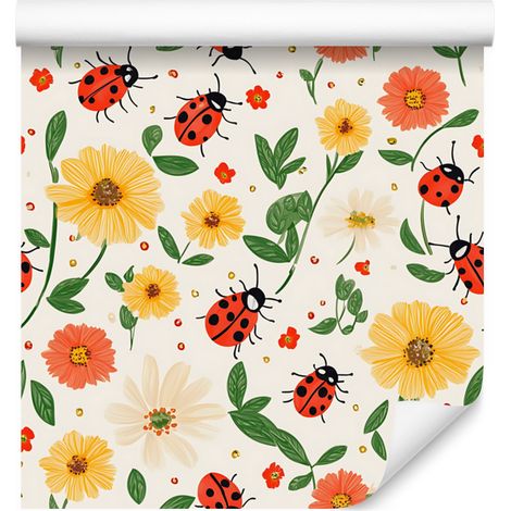 Carta da parati con coccinelle, bianca e crema, per soggiorno e camera da letto, 50x1000 cm. (1/5)