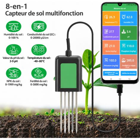 Testeur de sol 8 en 1 connecté pour Android NPK pH humidité température 20,5 × 7,2 × 4 cm 410 g – Livraison gratuite (1/5)