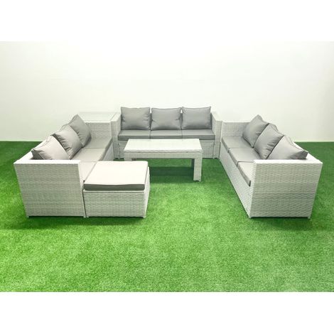 Fimous Gartenmöbel im Freien Polyrattan 10-Sitzer Garten Sofa Rechteckiger Couchtisch Set mit 2 Großer Hockern Beistelltisch Hellgrau gemischt (1/5)