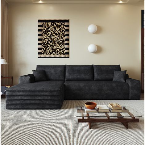 Canapé d'angle modulable avec chaise longue réversible, velours côtelé, assise profonde, sans montage - noir (1/5)