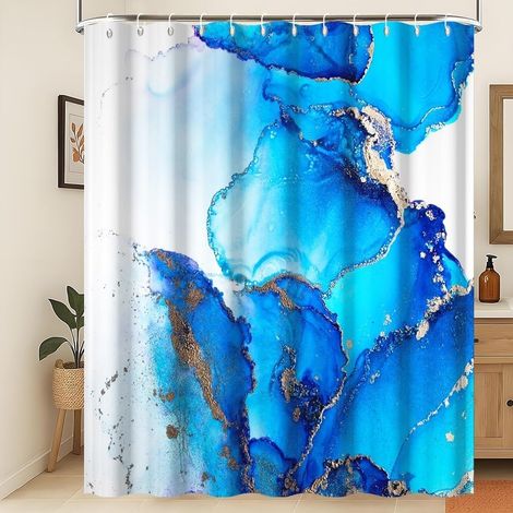 Rideau de Douche en marbre Marbre Bleu dégradé Moderne et Luxueux Rideau de Salle de Bain imperméable Art Abstrait Texture Vague dorée Tissu Lavable et résistant à la moisissure 120x180cm (1/5)