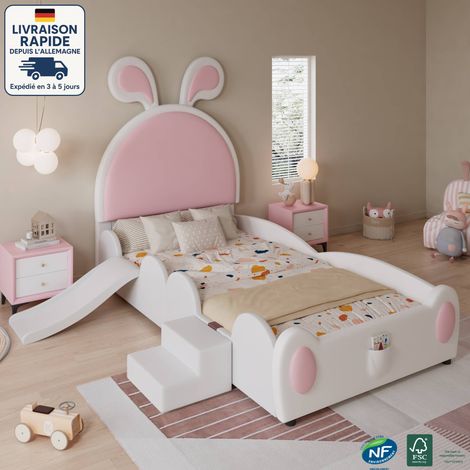 Lits simples 90x200 cm avec échelle et toboggan, forme lapin, sommier à lattes, lit enfant, PU, rose blanc, sans matelas (1/5)