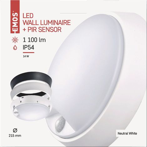 Emos ZM3231 Lampada da parete a LED e plafoniera con sensore di movimento, rotonda, IP54, impermeabile, 14 W, per esterni, balcone, cantina, garage, 1000 lm, bianco neutro 4000 K, diametro 21,5 cm (1/5)