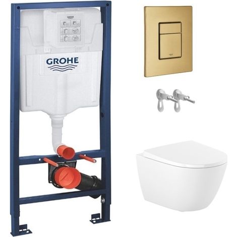 Pack WC suspendido con bastidor Grohe Rapid SL + pulsador Skate oro cepillado + inodoro Roca Ona rimless (1/4)