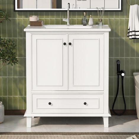 Armoire de salle de bain Armoire de salle bain en et lavabo céramique table toilette bois massif laque étanche à l'eau au sol blanc taille 76x46x87cm avec couleur pour style (1/5)
