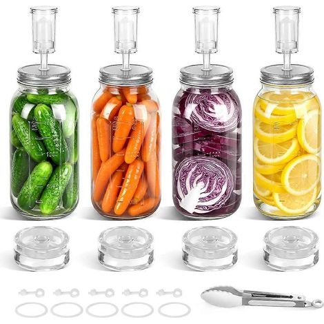 Kit de fermentation pour bocaux Mason à large ouverture : couvercles de fermentation en acier inoxydable, poids en verre, système de sas (bocaux non inclus). (1/5)