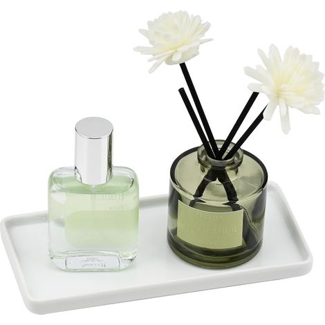 Plateau Salle de Bain en Céramique, Plateau Rectangulaire pour Lavabo, Organiseur Decoratif pour Parfum, Bijoux, Bougie, Cosmétiques et Savon (Blanc - S) (1/5)