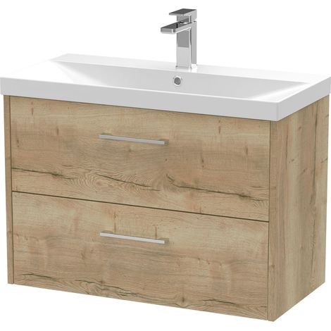 Winshill Contemporary 2 Drawer Wall Hung Vanity Unit with Thin Edge Basin, Light Oak, 800mm