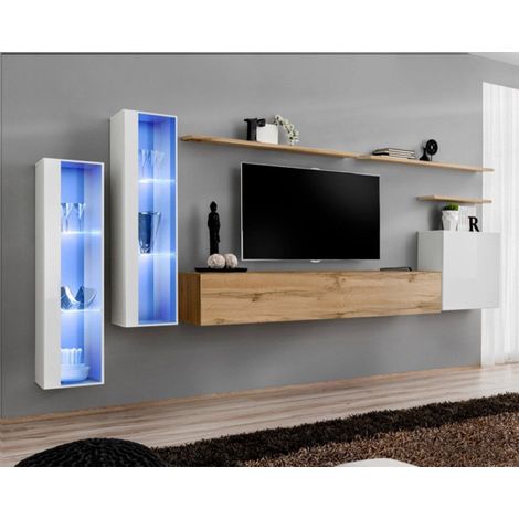 Meuble TV Mural Design "Switch XI" 330cm Blanc & Naturel (1/4)