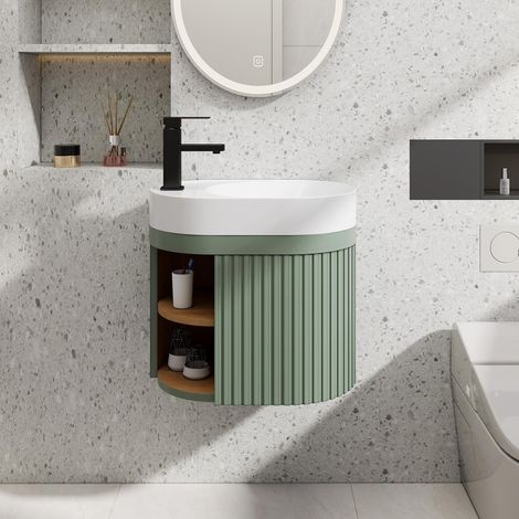 UEV Mobiletto Bagno 50CM All-in-One Installata con Lavabo e Rubinetto, Set di Mobili per Bagno Durevole e Resistente con Anta e 2 Scomparti Aperti, 50 x 33 x 45cm, Verde (1/5)