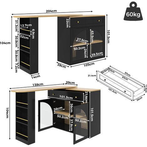 Table de bar pivotante 360° extensible 138-204cm noir, meuble buffet avec étagères et verre, îlot de cuisine moderne mobile, table haute bistro avec rangement (39×104cm)