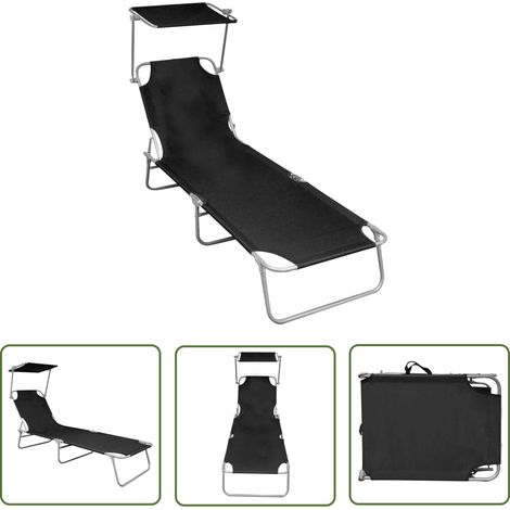 The Living Store Chaise longue pliable avec auvent Noir Aluminium - Transat - Chaise Longue - Mobilier De Jardin - Jardin - Terrasse (1/5)