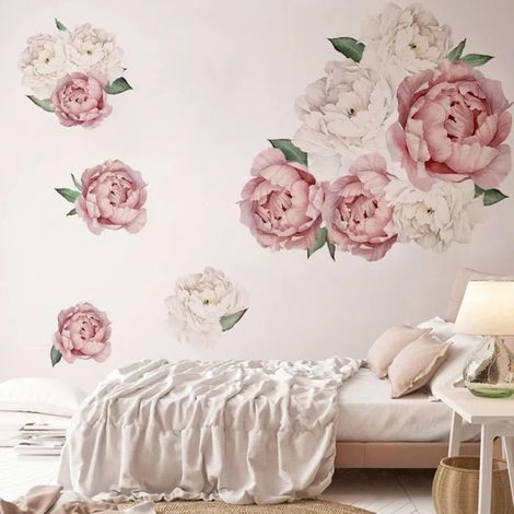 stickers muraux Pivoine rose/beige autocollant sticker mural fleurs plantes feuilles nature Décor pour salon chambre cuisine (1/5)