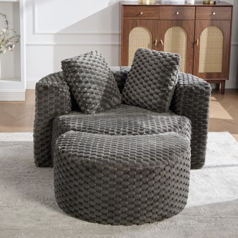 Komprimierter Einzelsessel mit Hocker, Schlafstuhl, Übergroßer runder Sessel, Keine Montage erforderlich, Knochenloses Sofa für Wohnzimmer/Schlafzimmer – Dunkelgrau, Maße: 130×115×103 cm