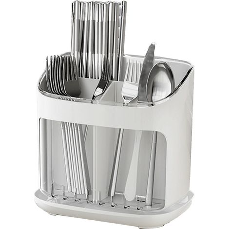 Porte-ustensiles moderne avec bac de rangement et plusieurs compartiments pour fourchettes, cuillères et baguettes. Blanc transparent. (1/5)