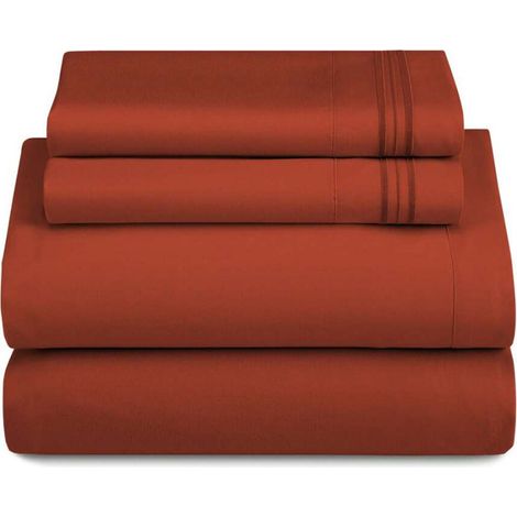 Ensemble de draps Clara Clark pour lit double, ensemble de luxe 4 pièces en microfibre ultra douce, coloris orange rouille. (1/5)